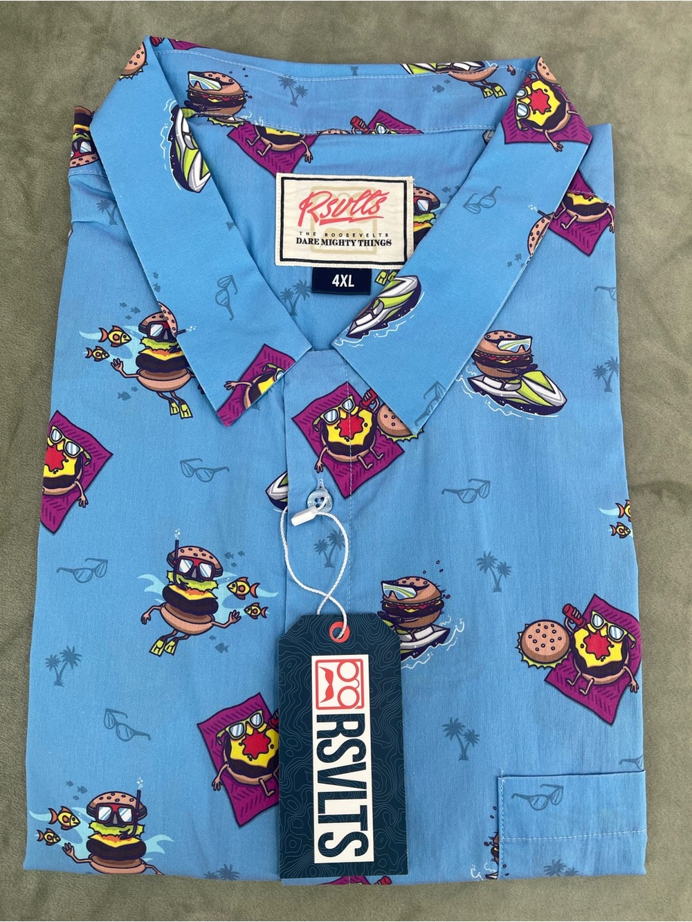 RSVLTS Men’s Light Blue Short-Sleeve Novelty Camp Shirt cheeseburger 4X